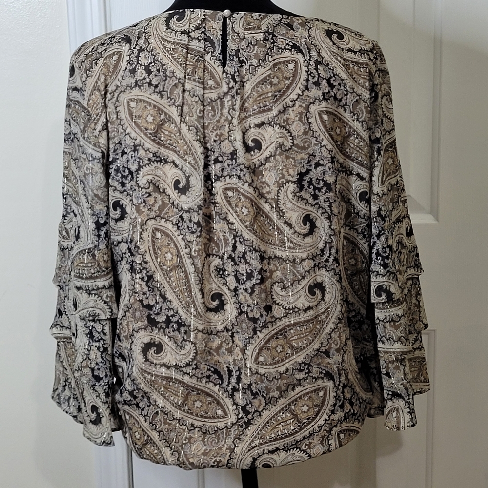 Dress Barn Womens Elegant Sheer Lined 3/4 Ruffle Sleeves Blouse Top Tan Size XL - Picture 3 of 11